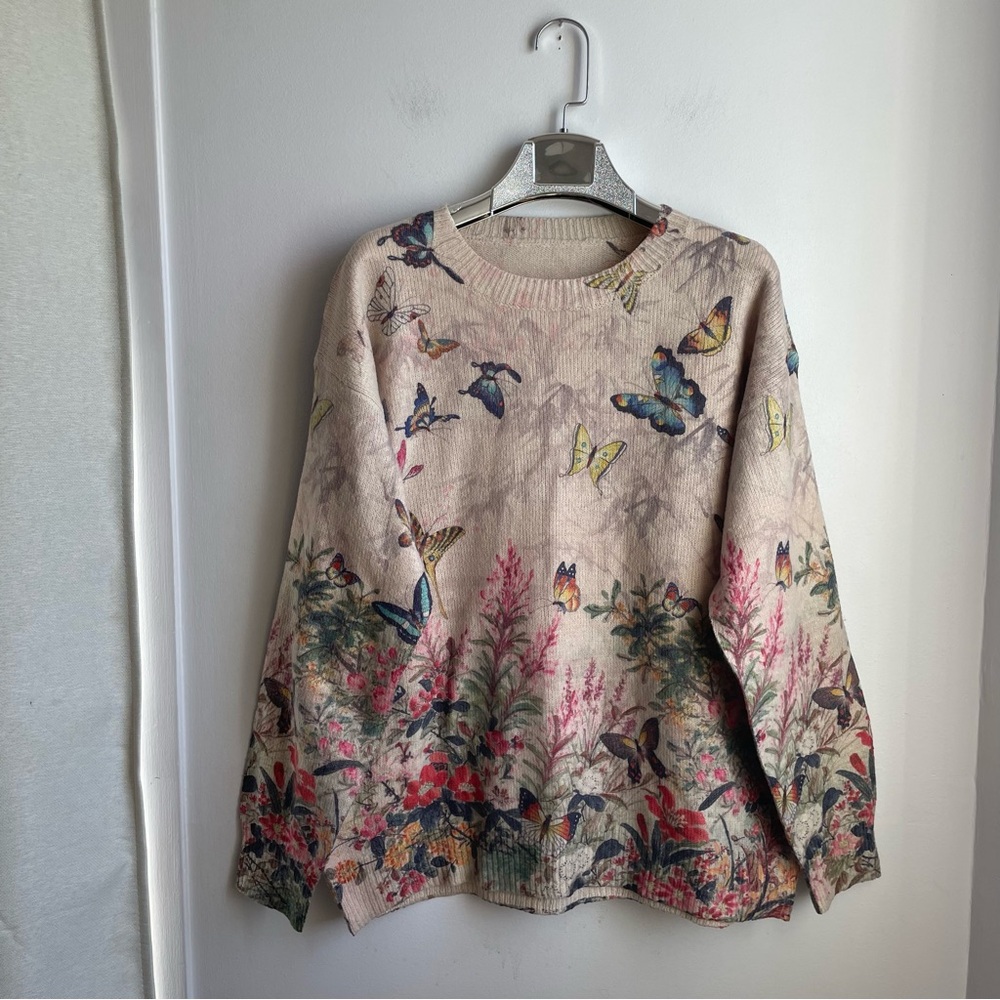 Sweater Pullover Boho/Art to wear Butterfly and Flowers size L